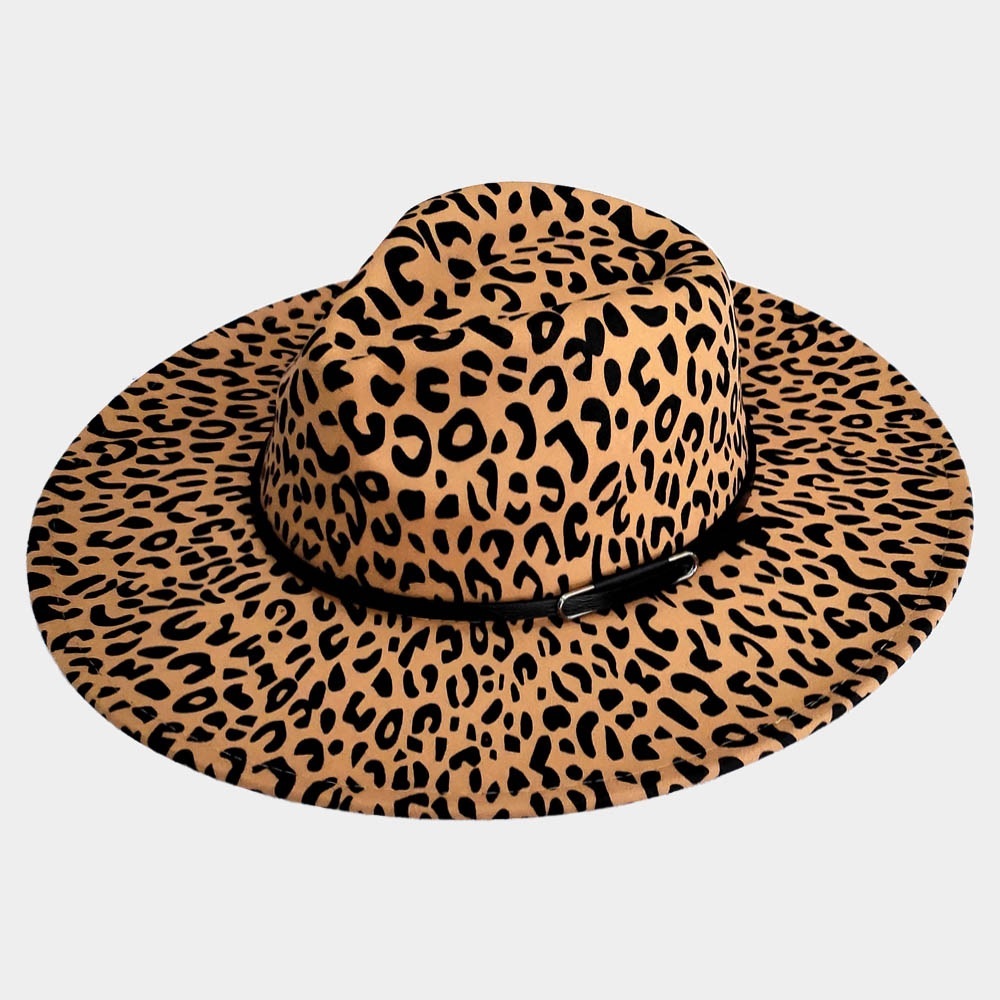 Leopard Print Vegan Leather Band Solid Panama Hat